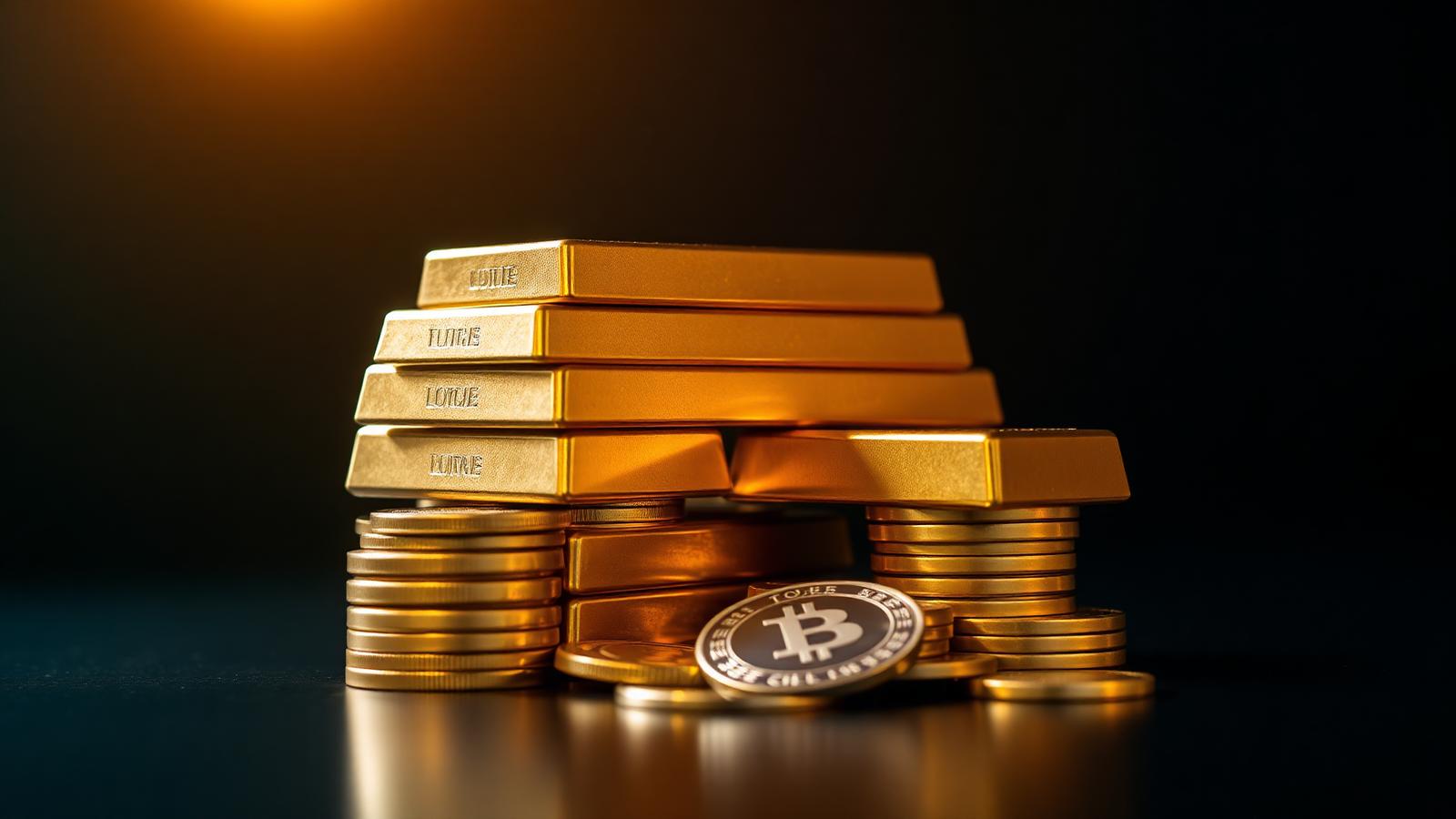 Stack of gold bullion bars and coins