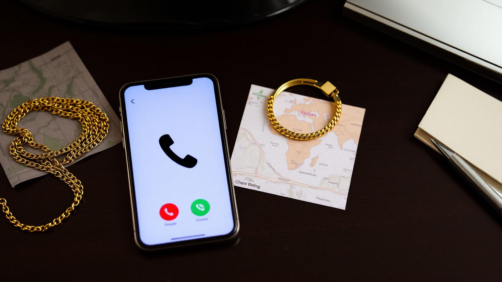 Phone, map, and gold jewelry on a desk