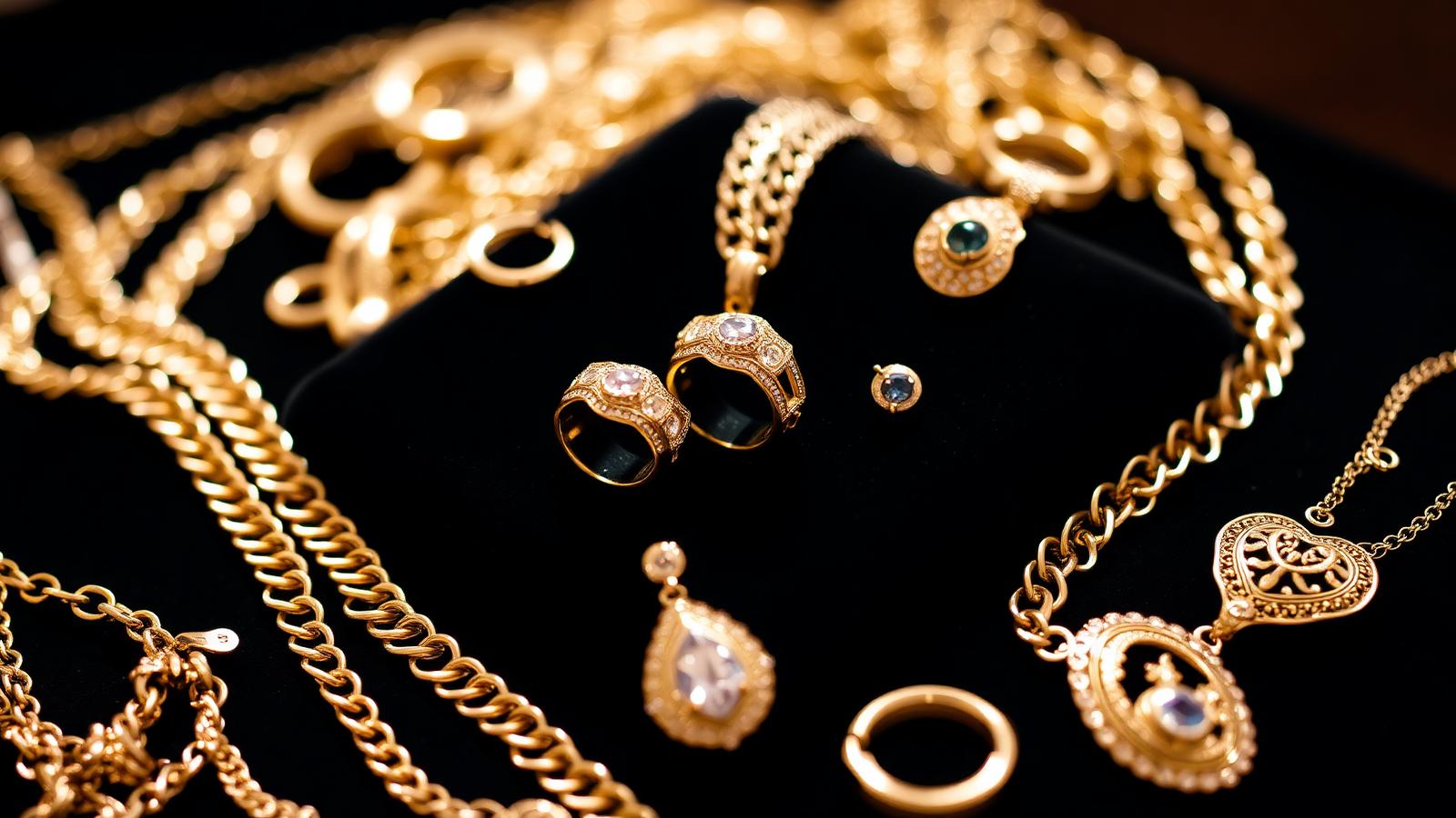 Assortment of gold jewelry, chains, rings, and pendants