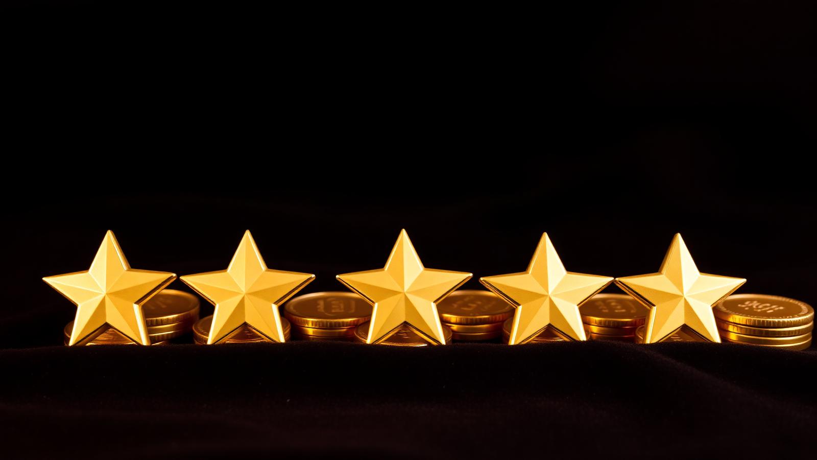 Five gold stars over a row of gold coins