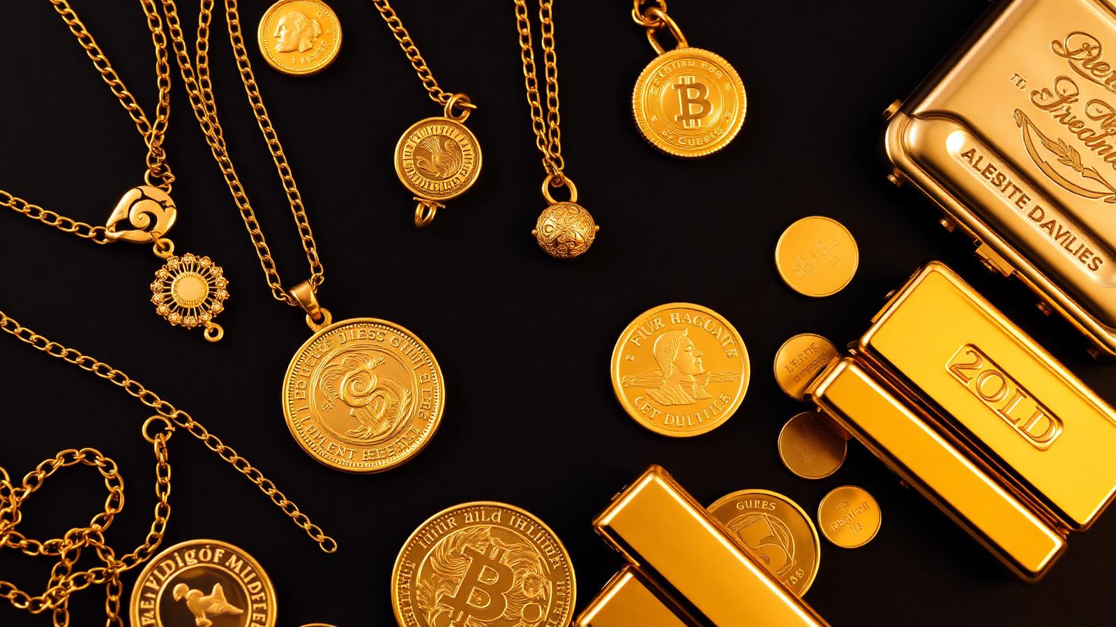 Mixed gold jewelry, coins, and bullion bars