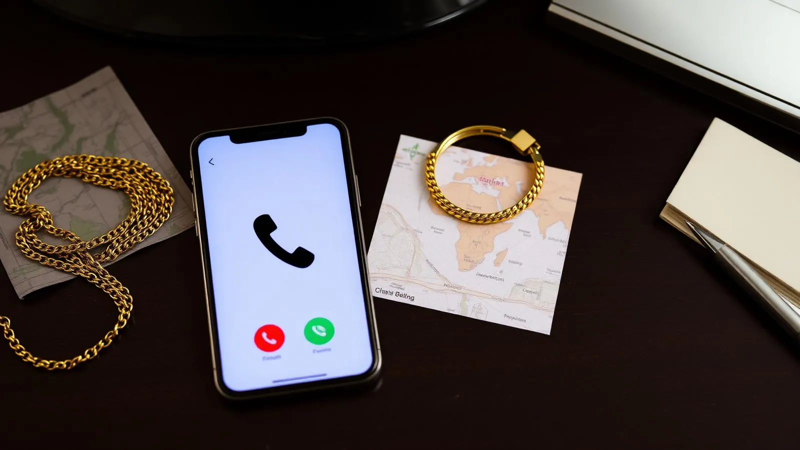 Phone, map, and gold jewelry on a desk