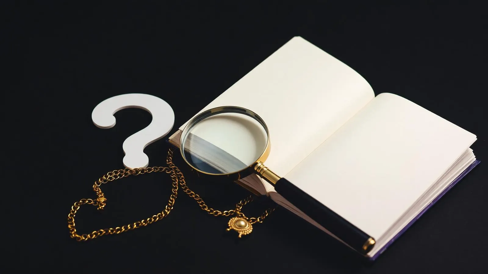 Open notebook with magnifying glass over gold jewelry