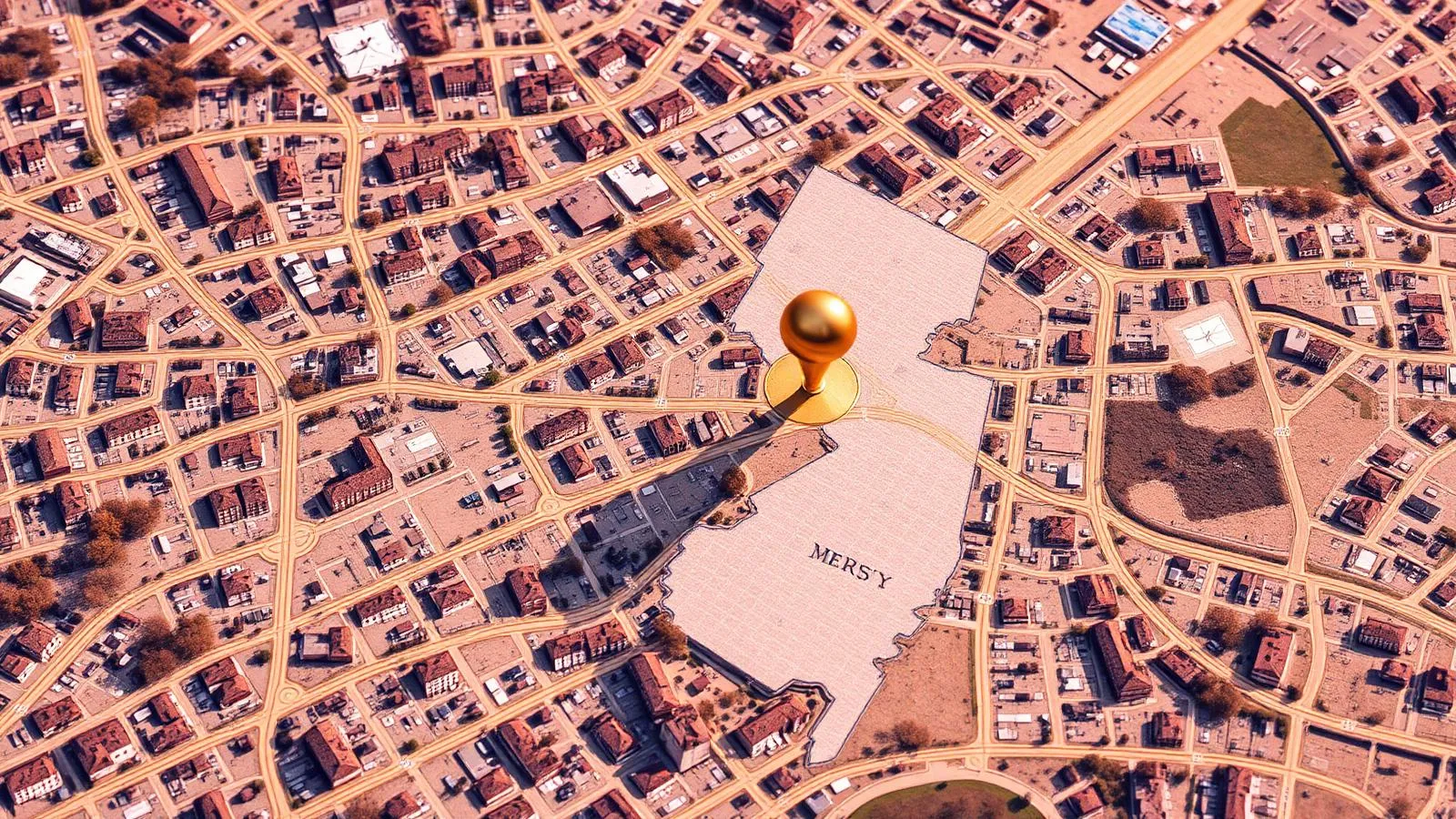 Stylised street map with a gold location pin